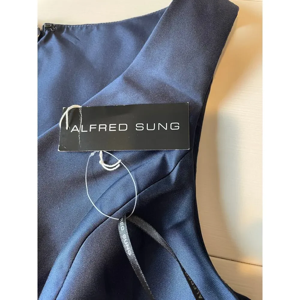 Alfred Sung NWT Gown Maxi Dress Sz 16 Satin V-Neck Pockets D778 Midnight Blue - Picture 7 of 12